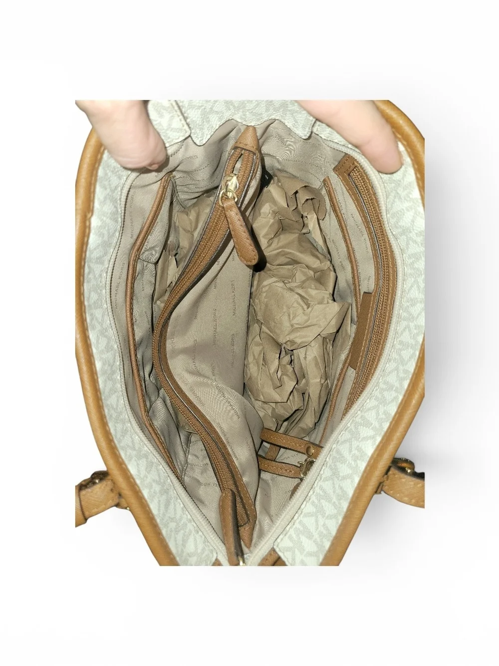 Michael Kors Beige Logo Zip Top Tote with Tan Trim